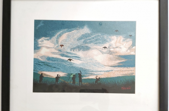 Hand-embroidered painting - windy kite